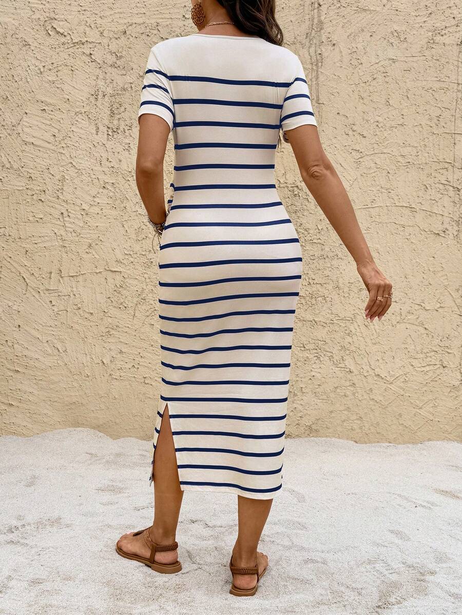 Maternity Striped Round Neck Short Sleeve Midi Dress Casual Slim Fit Bodycon with Side Slit Hem