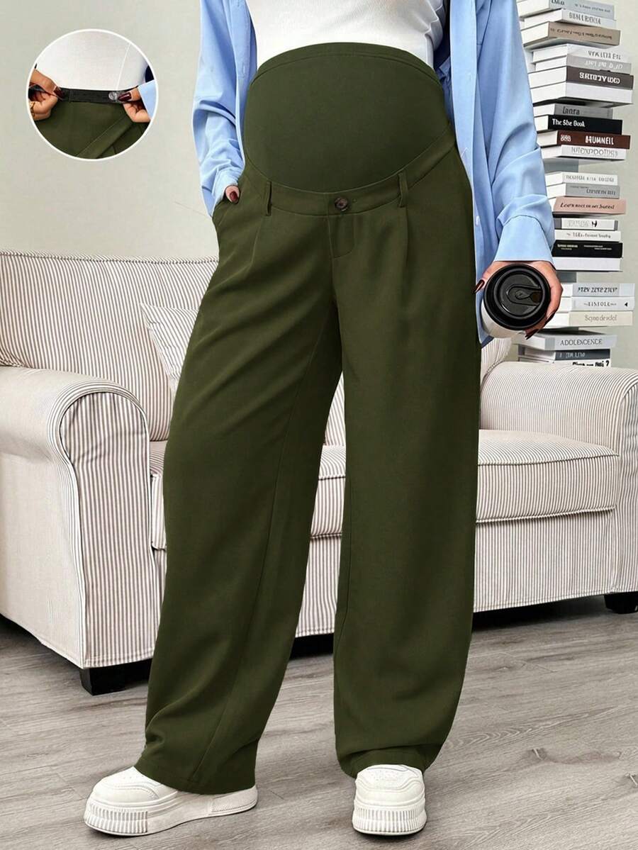 Maternity Tailored Pants - Adjustable Waist, Pocket, Loose Fit, Navy Blue