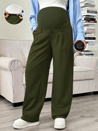Maternity Tailored Office Pants - Adjustable Waist, Slant Pocket, Loose Fit, Khaki