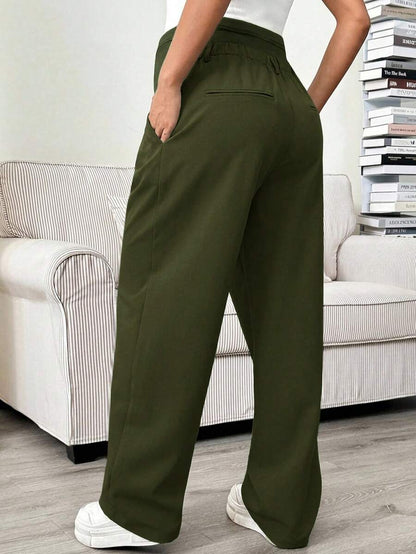 Maternity Tailored Office Pants - Adjustable Waist, Slant Pocket, Loose Fit, Khaki