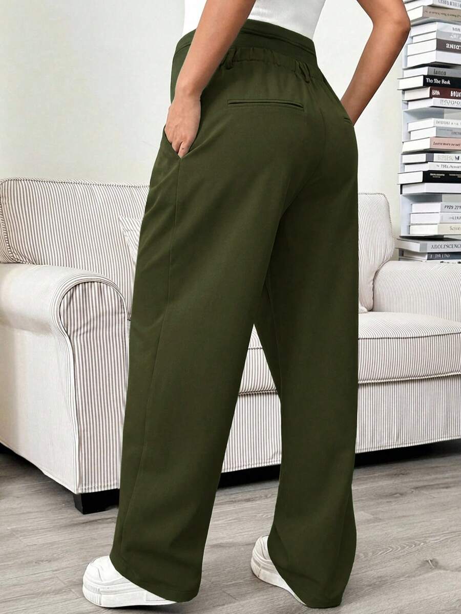 Maternity Tailored Pants - Adjustable Waist, Pocket, Loose Fit, Navy Blue