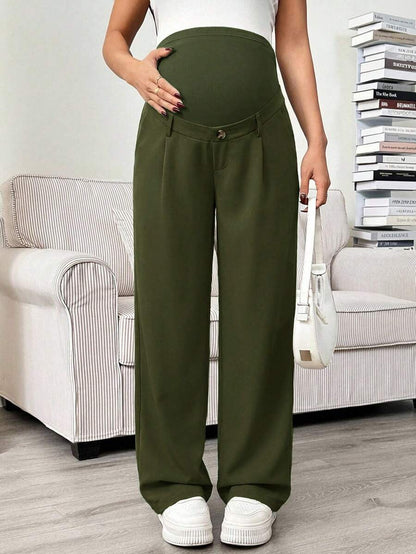 Maternity Tailored Office Pants - Adjustable Waist, Slant Pocket, Loose Fit, Khaki