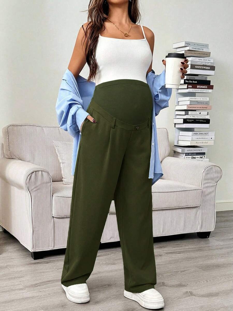 Maternity Tailored Pants - Adjustable Waist, Pocket, Loose Fit, Navy Blue