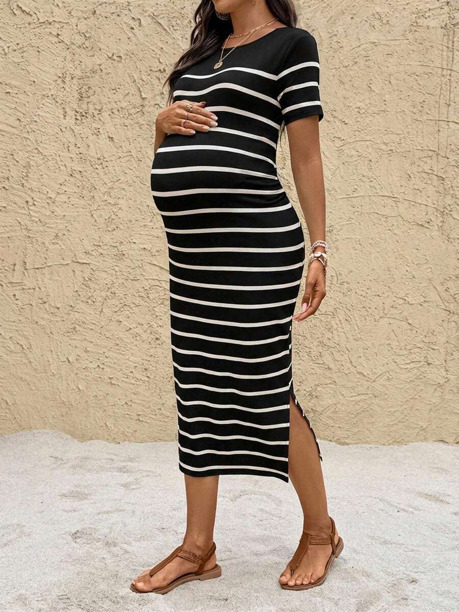 Maternity Striped Round Neck Short Sleeve Midi Dress Casual Slim Fit Bodycon with Side Slit Hem