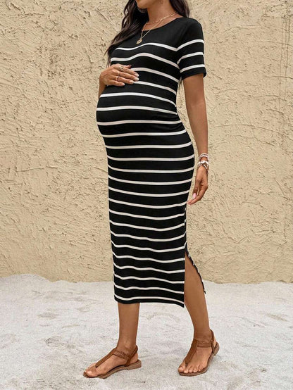 Maternity Striped Round Neck Short Sleeve Midi Dress Casual Slim Fit Bodycon with Side Slit Hem