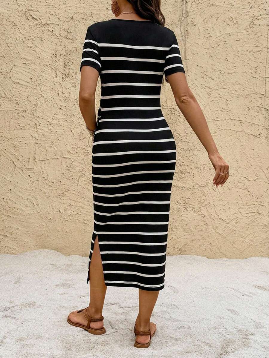 Maternity Striped Crew Neck Short Sleeve Midi Dress Casual Side Split Bodycon Dress for Summer and Evening Wear
