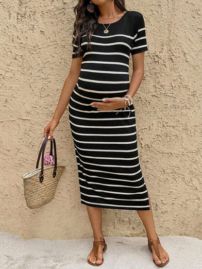 Maternity Striped Round Neck Short Sleeve Midi Dress Casual Slim Fit Bodycon with Side Slit Hem