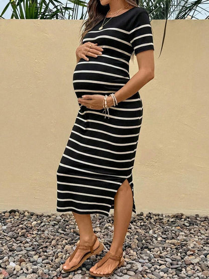 Maternity Striped Round Neck Short Sleeve Midi Dress Casual Slim Fit Bodycon with Side Slit Hem