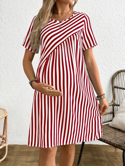 Maternity Striped Round Neck Short Sleeve A-Line Dress Casual Red and White Short Maternity Dress with Button Details