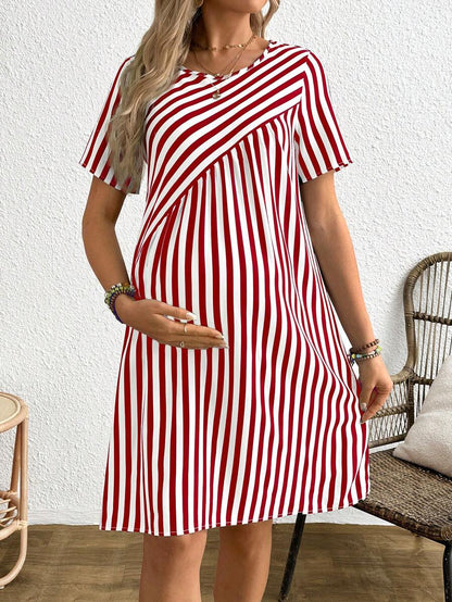 Maternity Short Sleeve Striped A-Line Dress Round Neck Button Detail Casual Blue and White Short Summer Dress