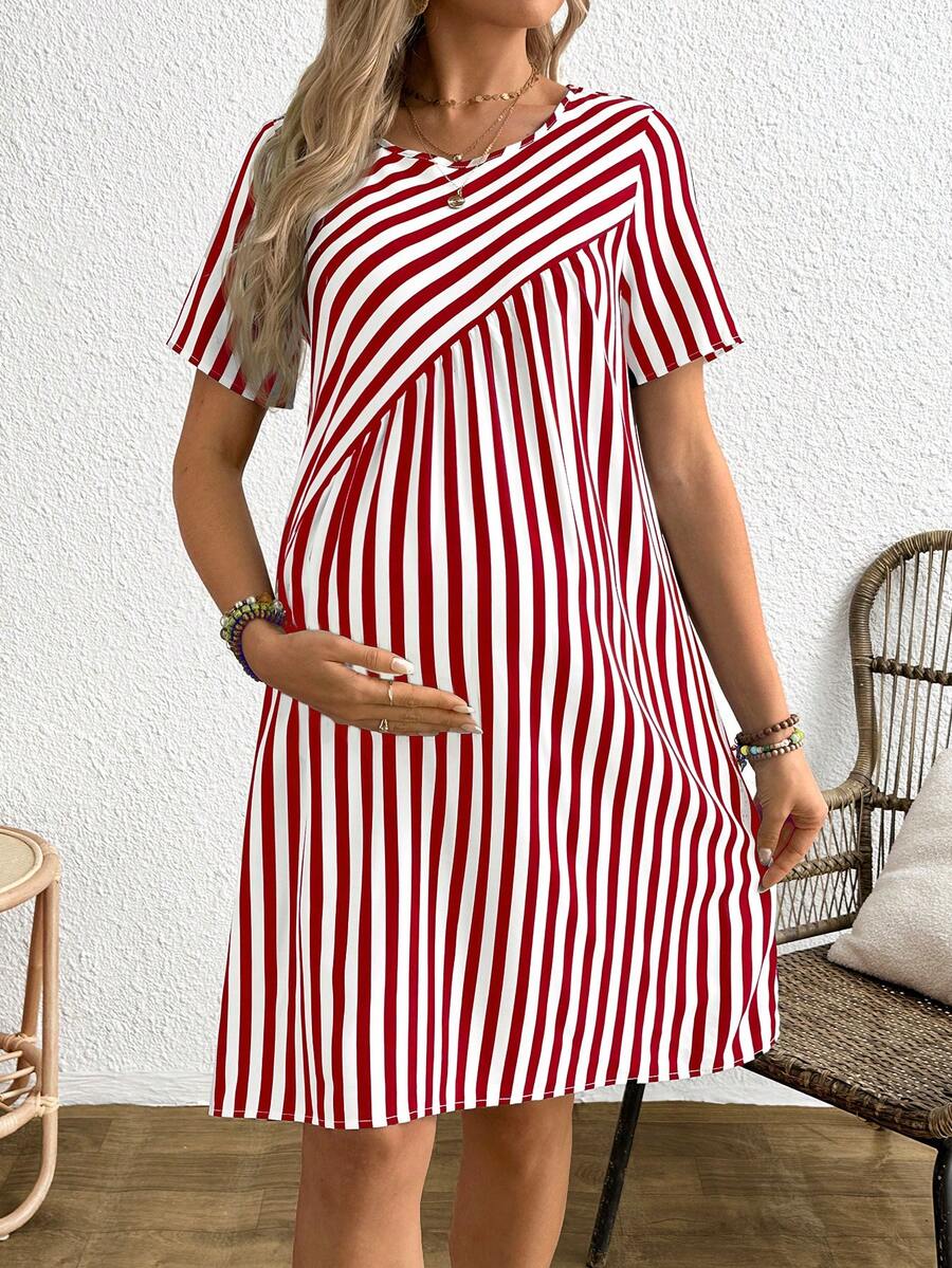 Maternity Striped Round Neck Short Sleeve A-Line Dress Casual Red and White Short Maternity Dress with Button Details
