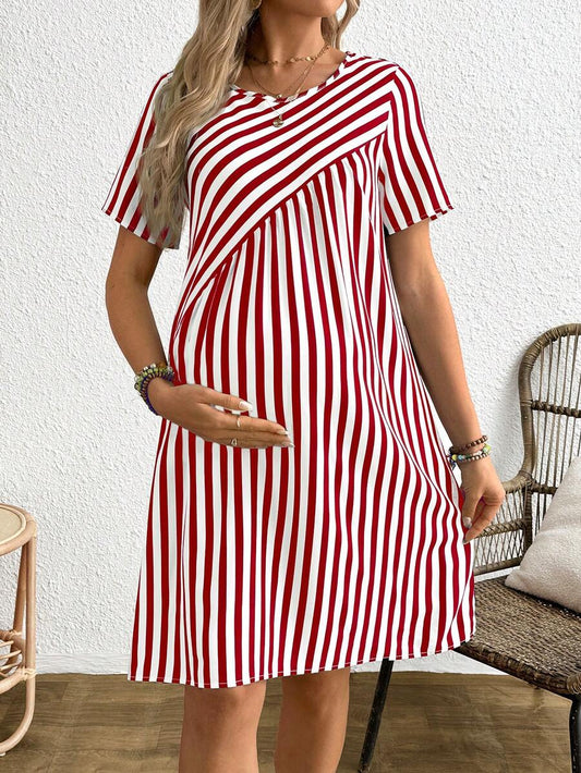 Maternity Striped Round Neck Short Sleeve A-Line Dress Casual Red and White Short Maternity Dress with Button Details