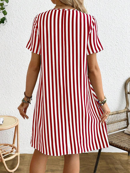 Maternity Short Sleeve Striped A-Line Dress Round Neck Button Detail Casual Blue and White Short Summer Dress