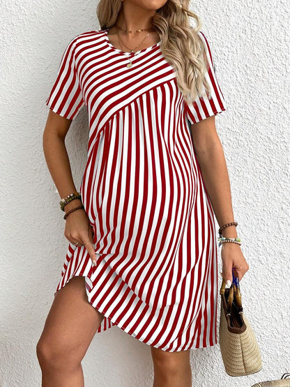 Maternity Short Sleeve Striped A-Line Dress Round Neck Button Detail Casual Blue and White Short Summer Dress