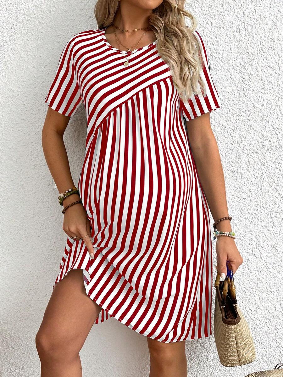 Maternity Striped Round Neck Short Sleeve A-Line Dress Casual Red and White Short Maternity Dress with Button Details