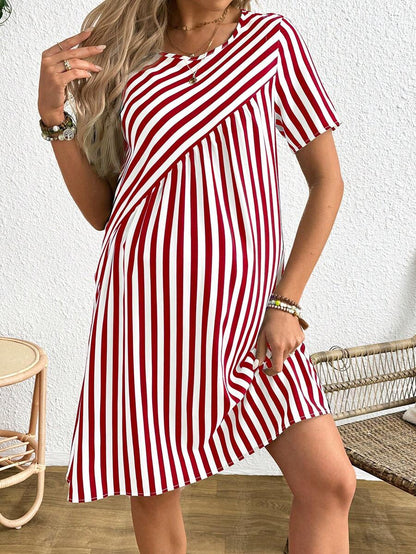 Maternity Striped Round Neck Short Sleeve A-Line Dress Casual Red and White Short Maternity Dress with Button Details
