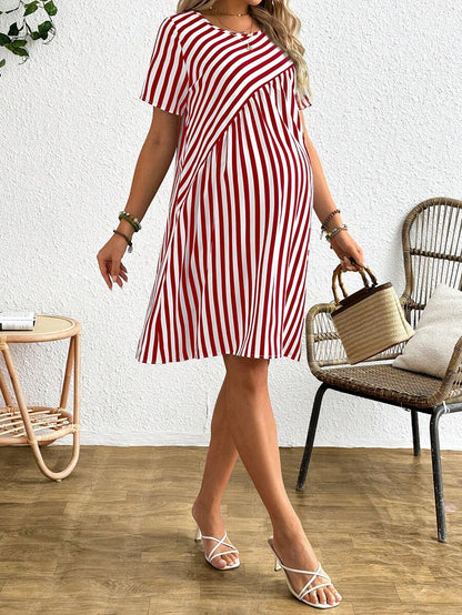 Maternity Short Sleeve Striped A-Line Dress Round Neck Button Detail Casual Blue and White Short Summer Dress