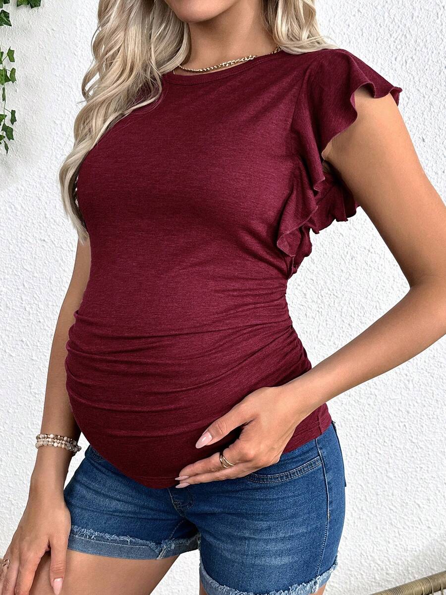 Maternity Red Round Neck Cap Sleeve T-Shirt - Slim Fit Ruffle Flounce Sleeve Knitted Top for Casual Daily Wear