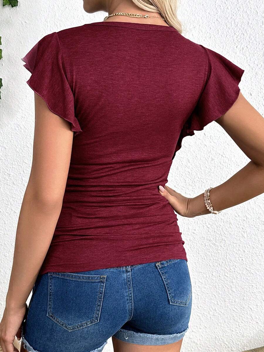 Maternity Ruched T-Shirt - Gray Ruffle Sleeve Crew Neck Soft Stretch Casual, Summer Breastfeeding