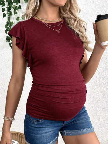 Maternity Ruched T-Shirt - Gray Ruffle Sleeve Crew Neck Soft Stretch Casual, Summer Breastfeeding
