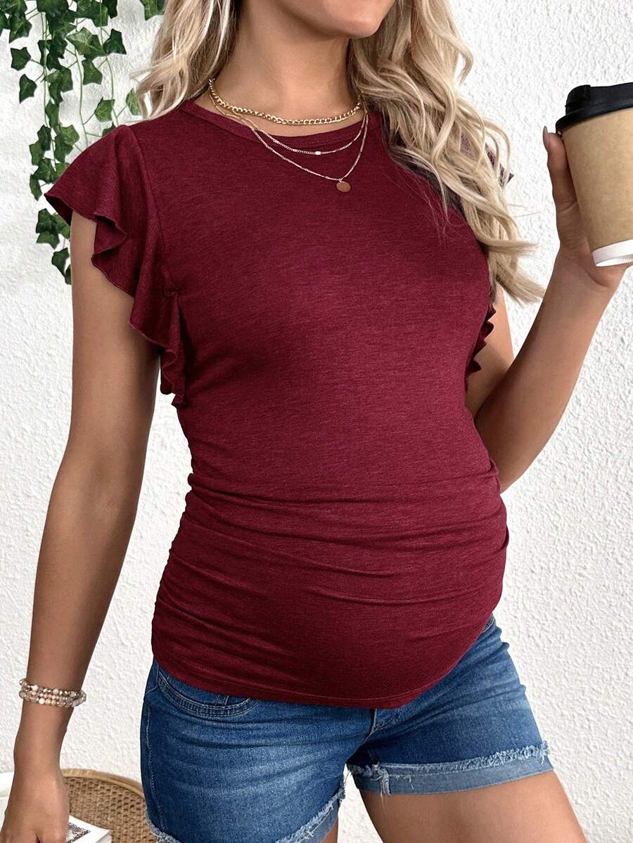 Maternity Red Round Neck Cap Sleeve T-Shirt - Slim Fit Ruffle Flounce Sleeve Knitted Top for Casual Daily Wear