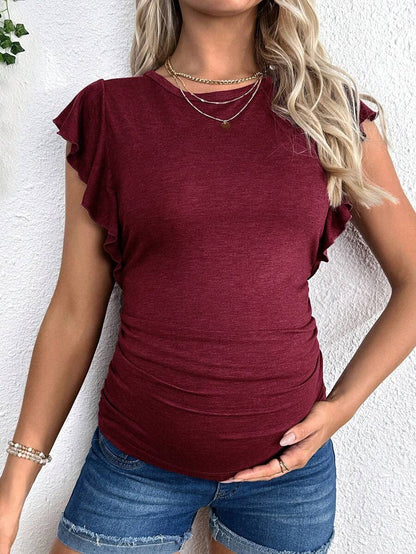 Maternity Red Round Neck Cap Sleeve T-Shirt - Slim Fit Ruffle Flounce Sleeve Knitted Top for Casual Daily Wear