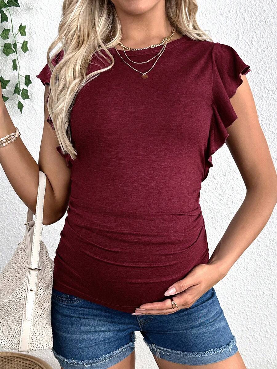 Maternity Red Round Neck Cap Sleeve T-Shirt - Slim Fit Ruffle Flounce Sleeve Knitted Top for Casual Daily Wear