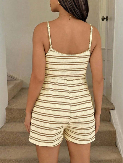 Sleeveless Striped Nursing Maternity Jumpsuit - Spaghetti Strap Contrast Trim Feeding Romper with Bow Detail