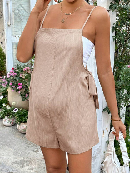 Grey Striped Maternity Romper with Spaghetti Straps and Side Tie Waist - Casual Loose Fit Summer Beach Maternity Jumpsuit