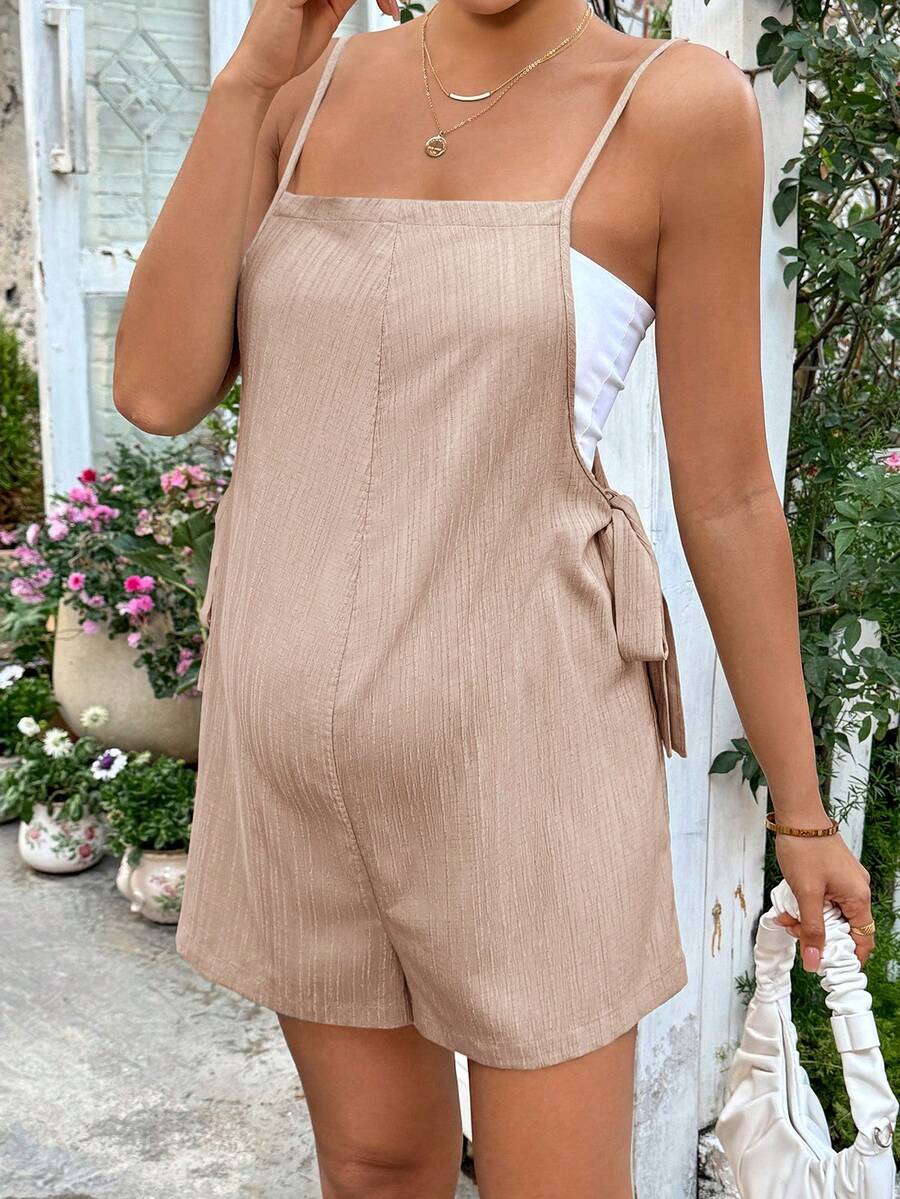 Apricot Spaghetti Strap Maternity Jumpsuit - Casual Sleeveless Knot Front Loose Fit Short Summer Vacation Romper