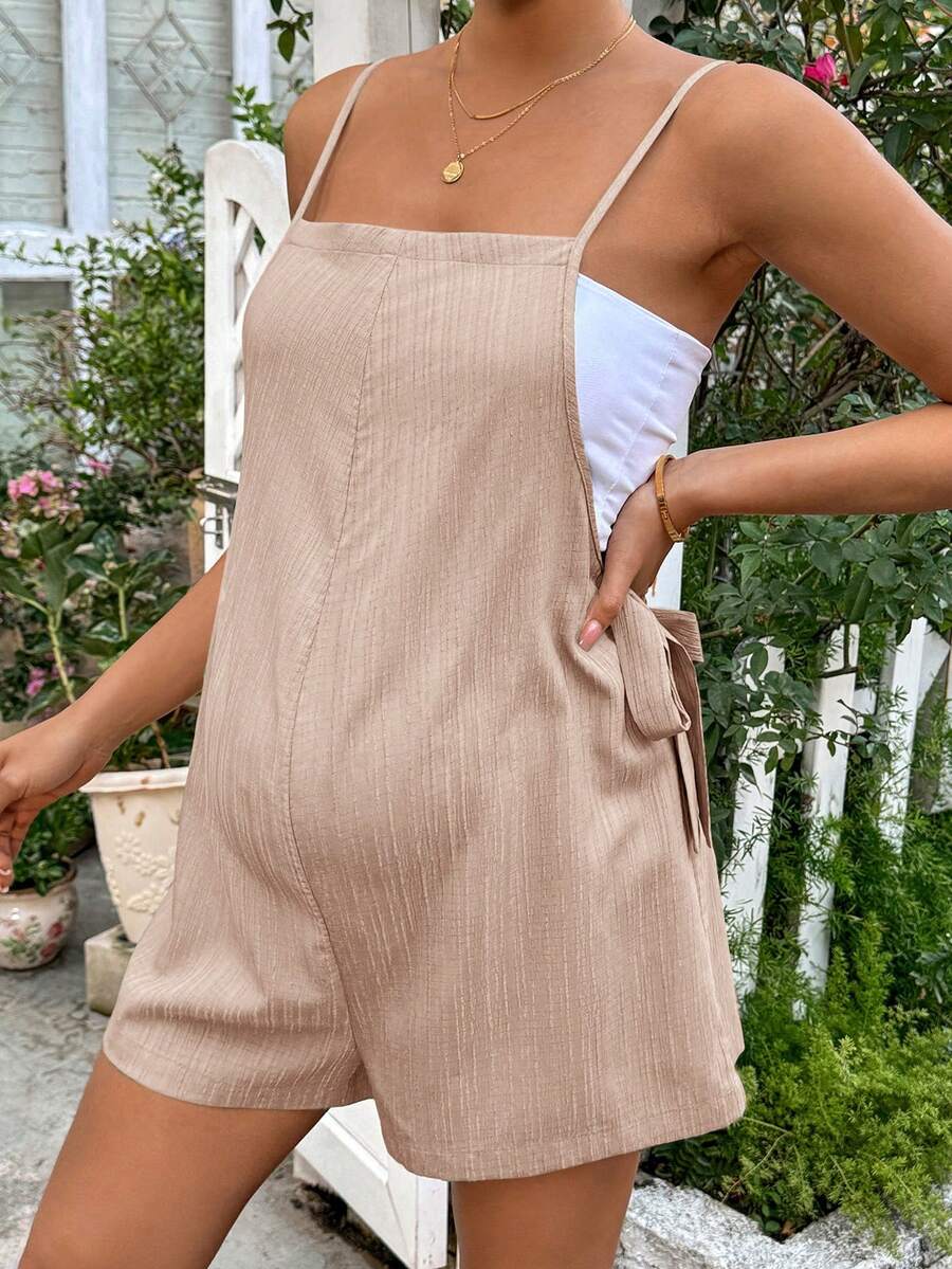Apricot Spaghetti Strap Maternity Jumpsuit - Casual Sleeveless Knot Front Loose Fit Short Summer Vacation Romper