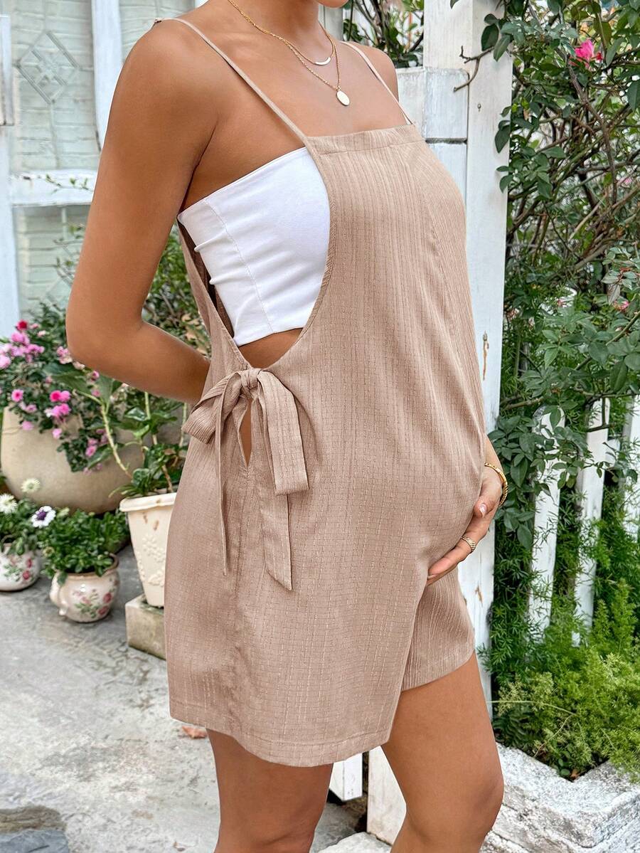 Apricot Spaghetti Strap Maternity Jumpsuit - Casual Sleeveless Knot Front Loose Fit Short Summer Vacation Romper