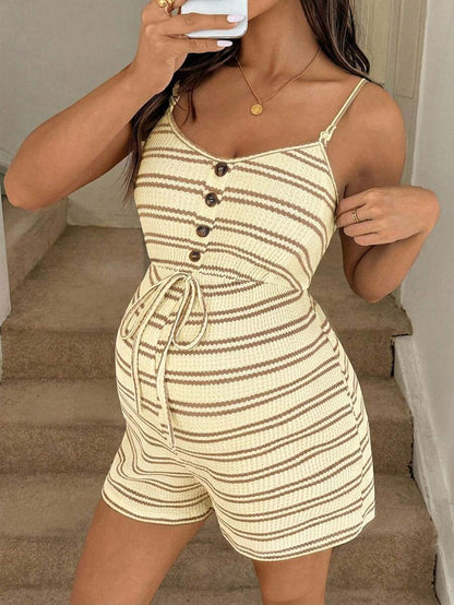 Sleeveless Striped Nursing Maternity Jumpsuit - Spaghetti Strap Contrast Trim Feeding Romper with Bow Detail