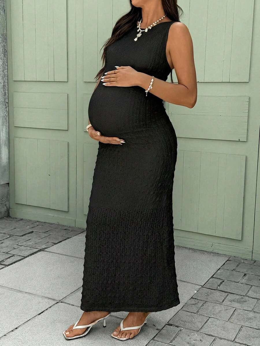 Solid Color Round Neck Ruffle Sleeveless Slim Fit Maternity Dress, Summer Maternity White Dress Maternity Maxi Dress Pregnancy Photoshoot Dress Knit Maxi Dress