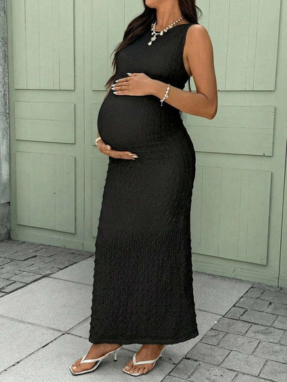 Solid Color Round Neck Ruffle Sleeveless Slim Fit Maternity Dress, Summer Maternity White Dress Maternity Maxi Dress Pregnancy Photoshoot Dress Knit Maxi Dress Bodycon Maxi Dress