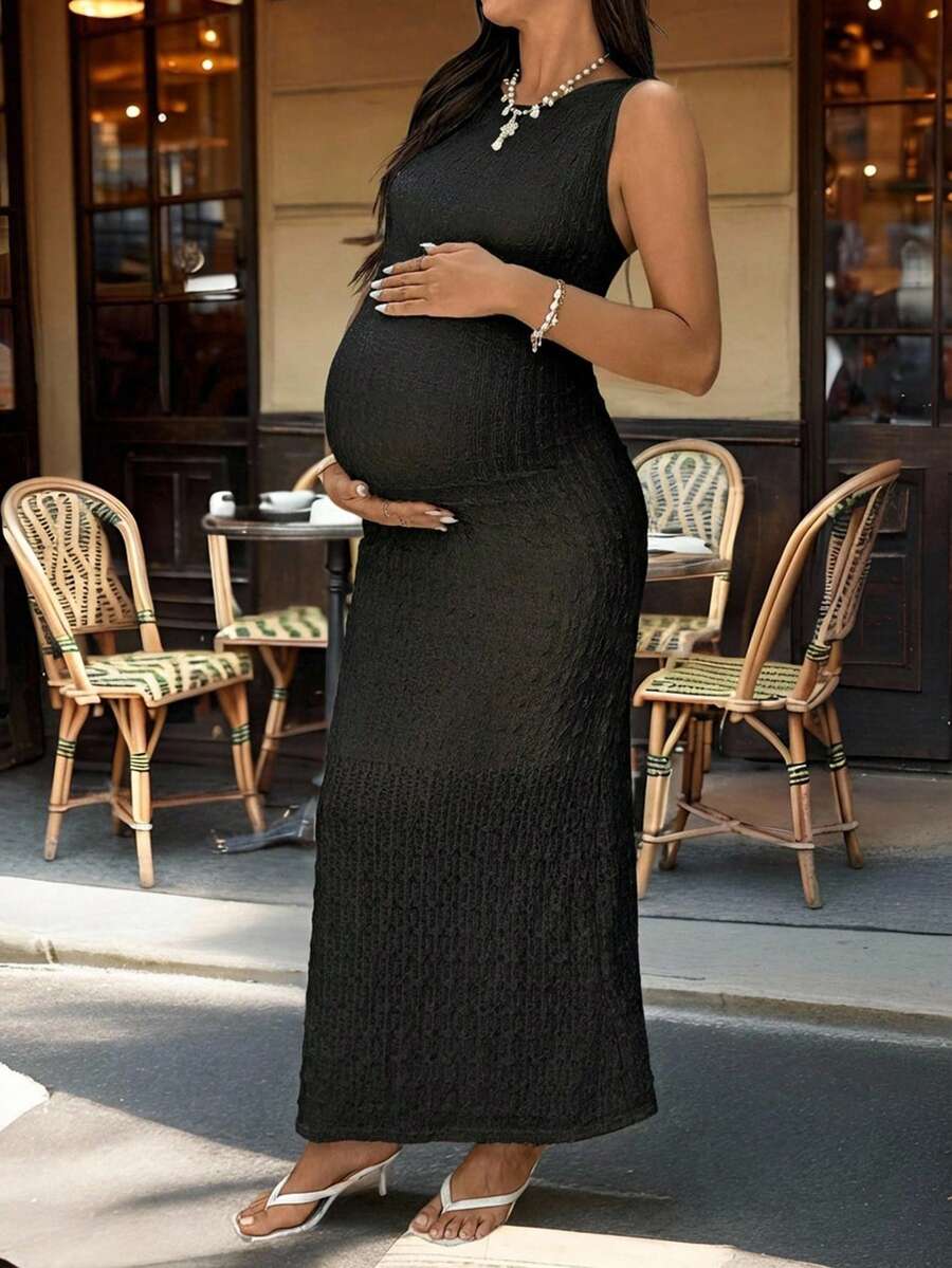 Solid Color Round Neck Ruffle Sleeveless Slim Fit Maternity Dress, Summer Maternity White Dress Maternity Maxi Dress Pregnancy Photoshoot Dress Knit Maxi Dress