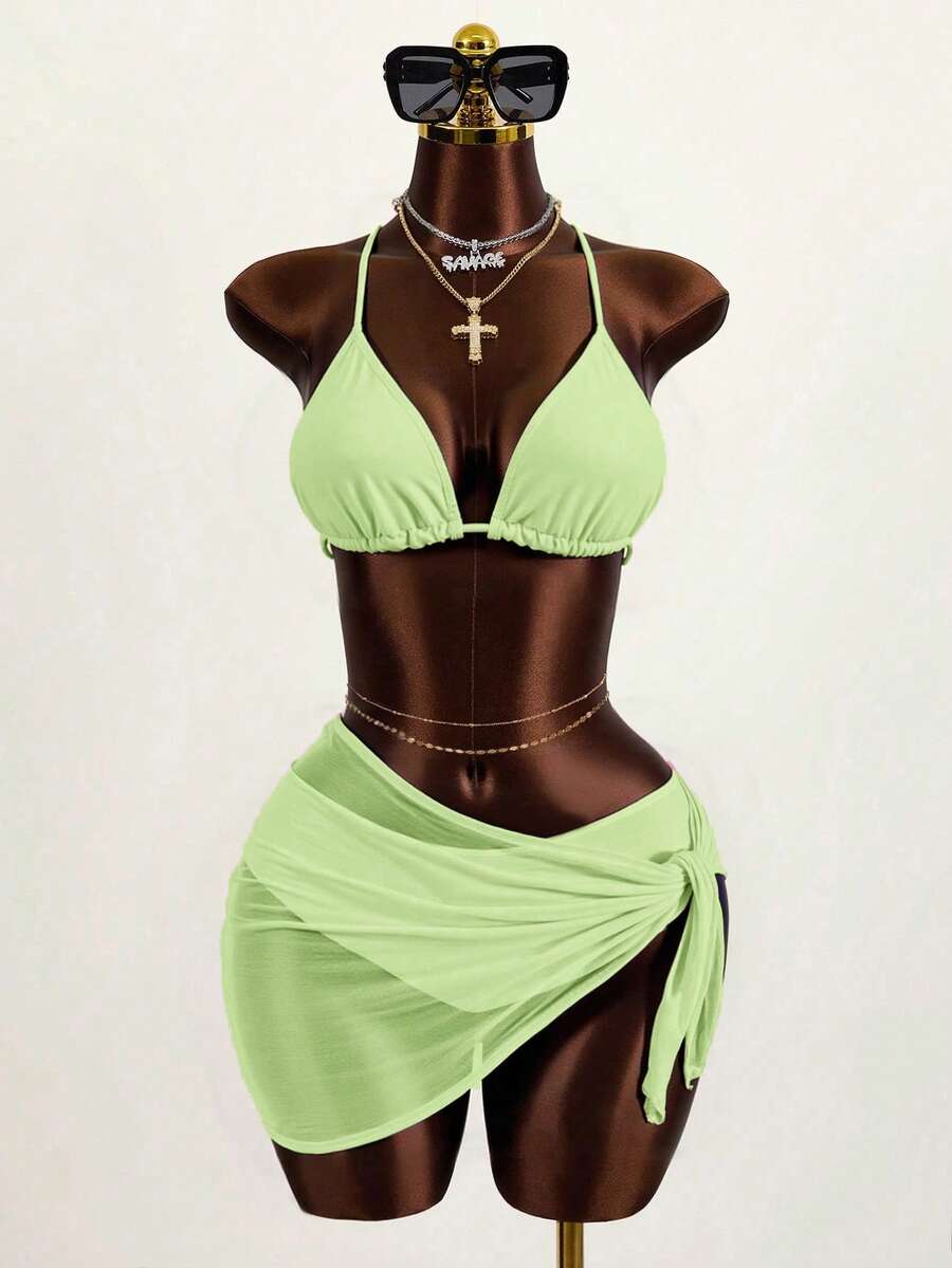 Women's 3-Piece Solid Halter Bikini Set - Knot Detail, Skirt Cover-Up, Triangle Cup, Red