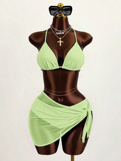 Women's 3-Piece Solid Halter Bikini Set - Knot Detail, Skirt Cover-Up, Triangle Cup, Red