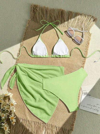 Women's 3-Piece Solid Halter Bikini Set - Knot Detail, Skirt Cover-Up, Triangle Cup, Red
