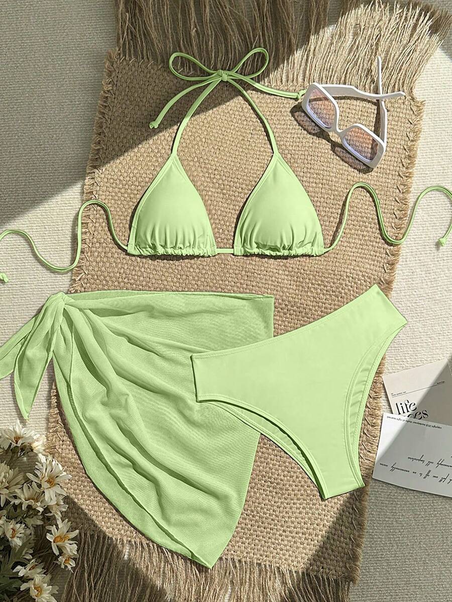 Women's 3-Piece Solid Halter Bikini Set - Knot Detail, Skirt Cover-Up, Triangle Cup, Red