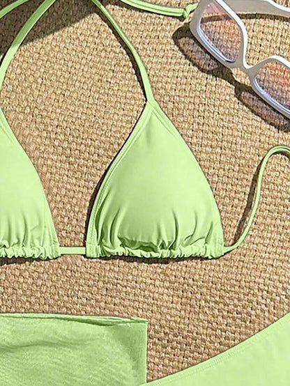 Women's 3-Piece Solid Halter Bikini Set - Knot Detail, Skirt Cover-Up, Triangle Cup, Red