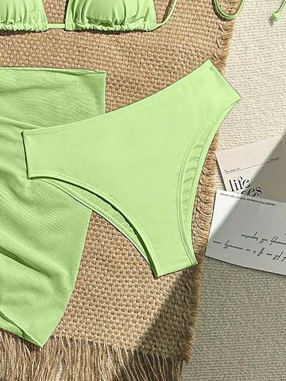 Women's 3-Piece Solid Halter Bikini Set - Knot Detail, Skirt Cover-Up, Triangle Cup, Red