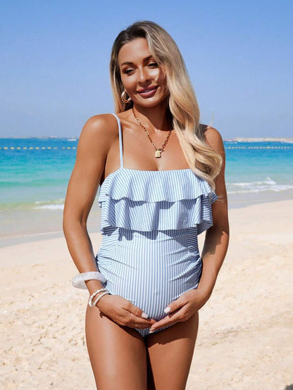 Maternity One-Piece Swimsuit - Striped Ruffle Trim Casual Beach Vacation