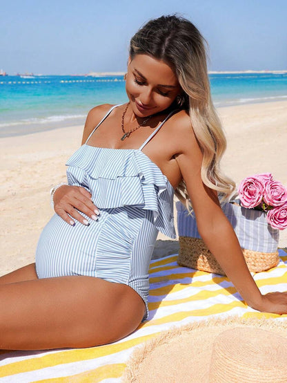 Maternity One-Piece Swimsuit - Striped Ruffle Trim Casual Beach Vacation