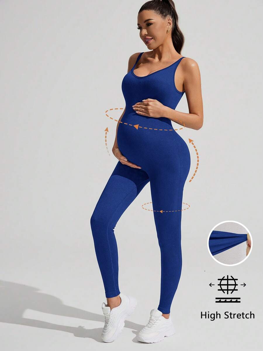 Yellow Rib-Knit Asymmetrical Neck Maternity Jumpsuit - High Stretch Sleeveless Skinny Fit Capri One Piece - Casual Sporty Maternity Wear