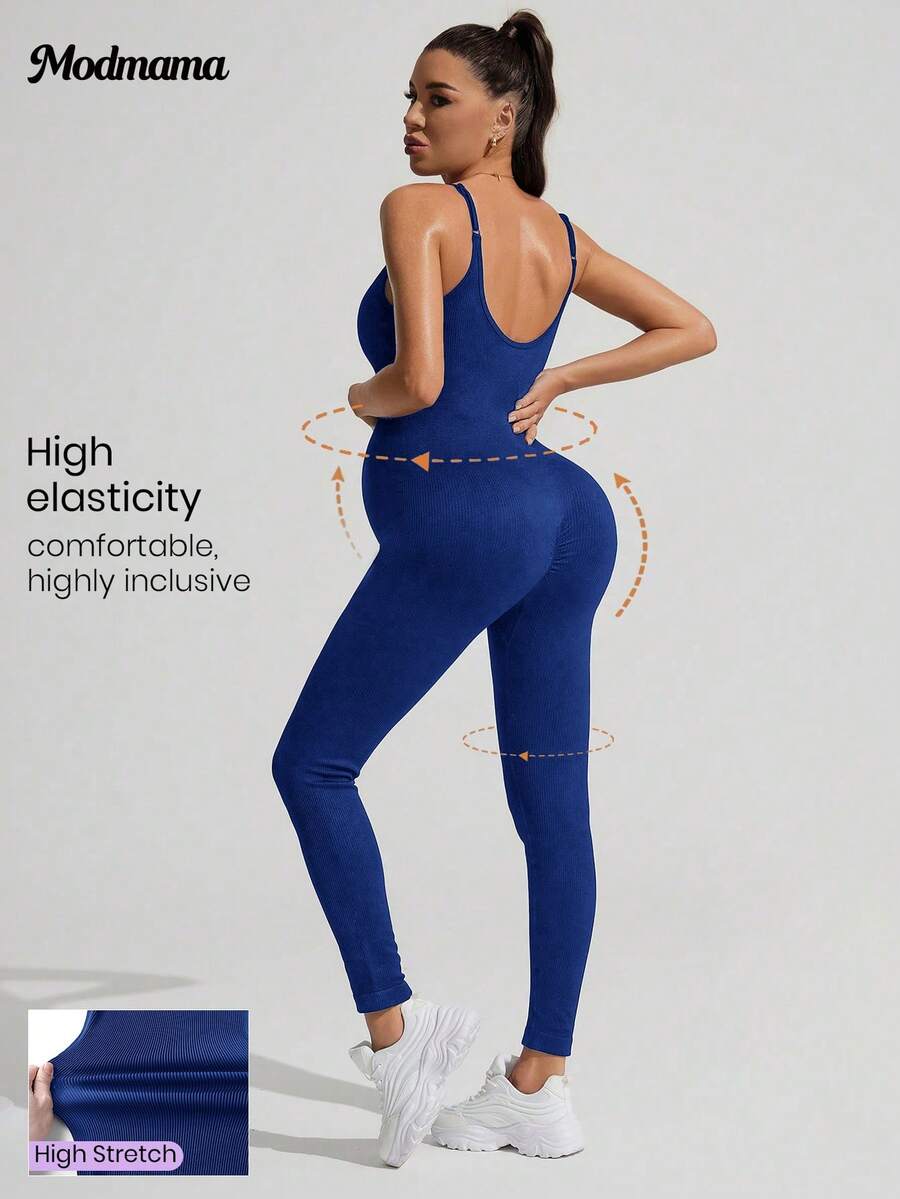 Yellow Rib-Knit Asymmetrical Neck Maternity Jumpsuit - High Stretch Sleeveless Skinny Fit Capri One Piece - Casual Sporty Maternity Wear