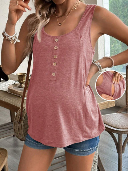 Maternity Solid Color Scoop Neck Sleeveless Nursing Top - Casual Summer Pullover