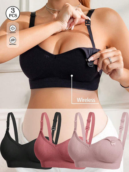 3-Pack Seamless Maternity Nursing Bras, Wireless Front-Snap Breastfeeding Sleep Bra with Removable Padding, Multicolor Set