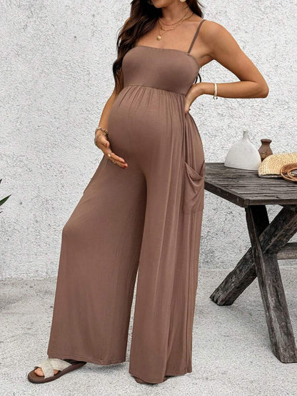 Royal Blue High-Stretch Maternity Halter Jumpsuit – Loose Fit Capri Length Unitard with Pockets & Draped Detail for Yoga, Casual Wear, or Night Out