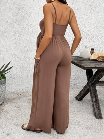 Royal Blue High-Stretch Maternity Halter Jumpsuit – Loose Fit Capri Length Unitard with Pockets & Draped Detail for Yoga, Casual Wear, or Night Out